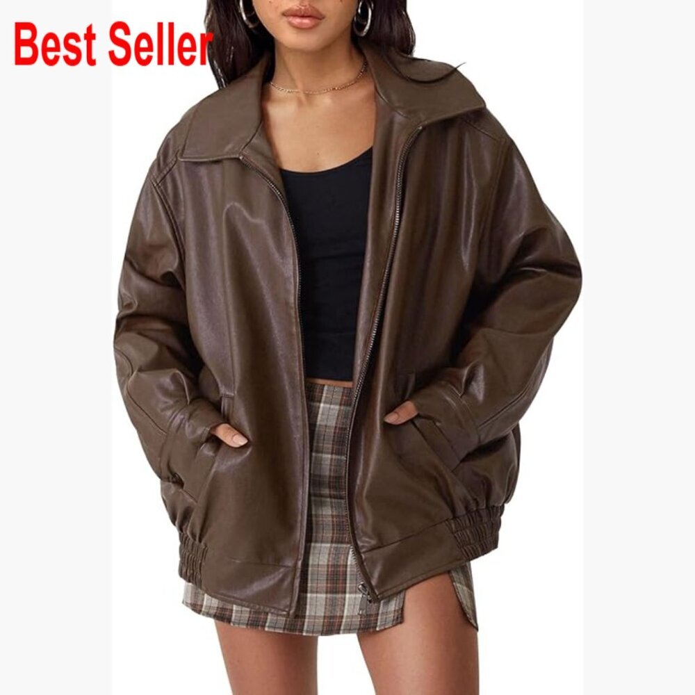 Oversized Faux Leather Motorcycle Jacket with Zipper Closure